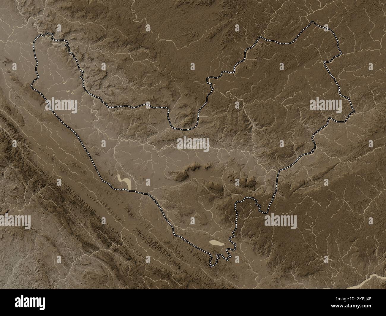 Bouenza, regione della Repubblica del Congo. Mappa dell'altitudine colorata in tonalità seppia con laghi e fiumi Foto Stock