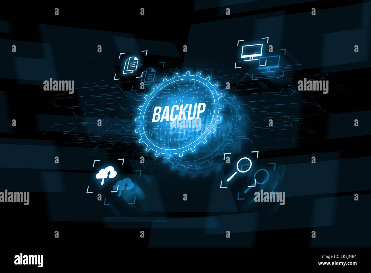 Backup dei dati per il ripristino dei dati nella posizione originale o in una nuova posizione. Ologramma astratto con icone Foto Stock