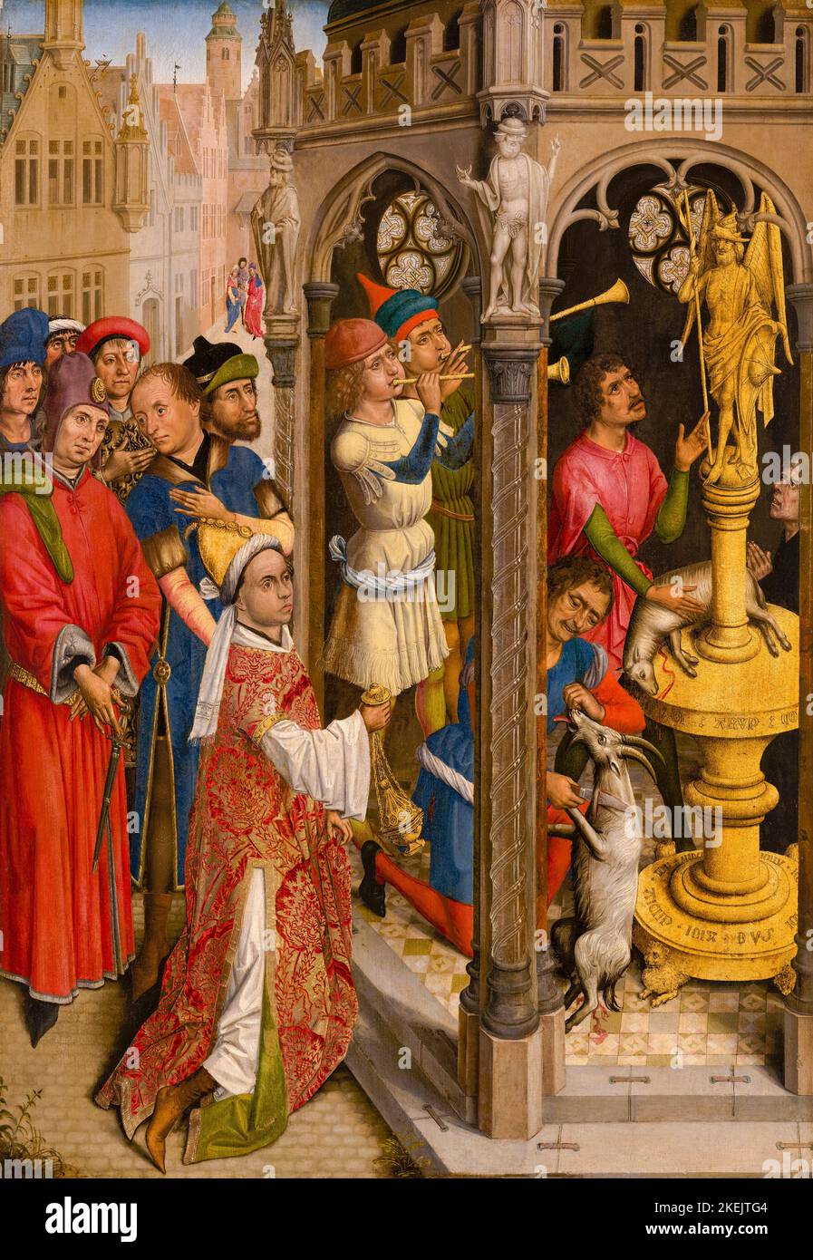 Sacrificio di Sant'Agostino ad un idolo manicheo (?), dipinto in olio su tavola di Rogier van der Weyden (possibilmente), ma attribuito ad Aert van den Bossche, circa 1480 Foto Stock