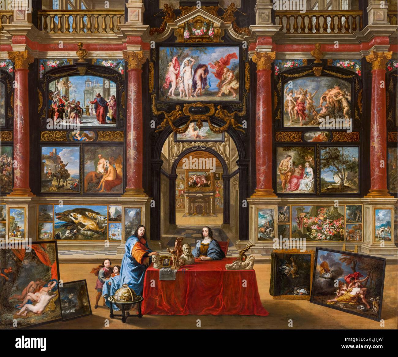 Gonzales Coques (e molti altri artisti) pittura, interni con figure in una Pinacoteca, olio su tela, 1672 Foto Stock