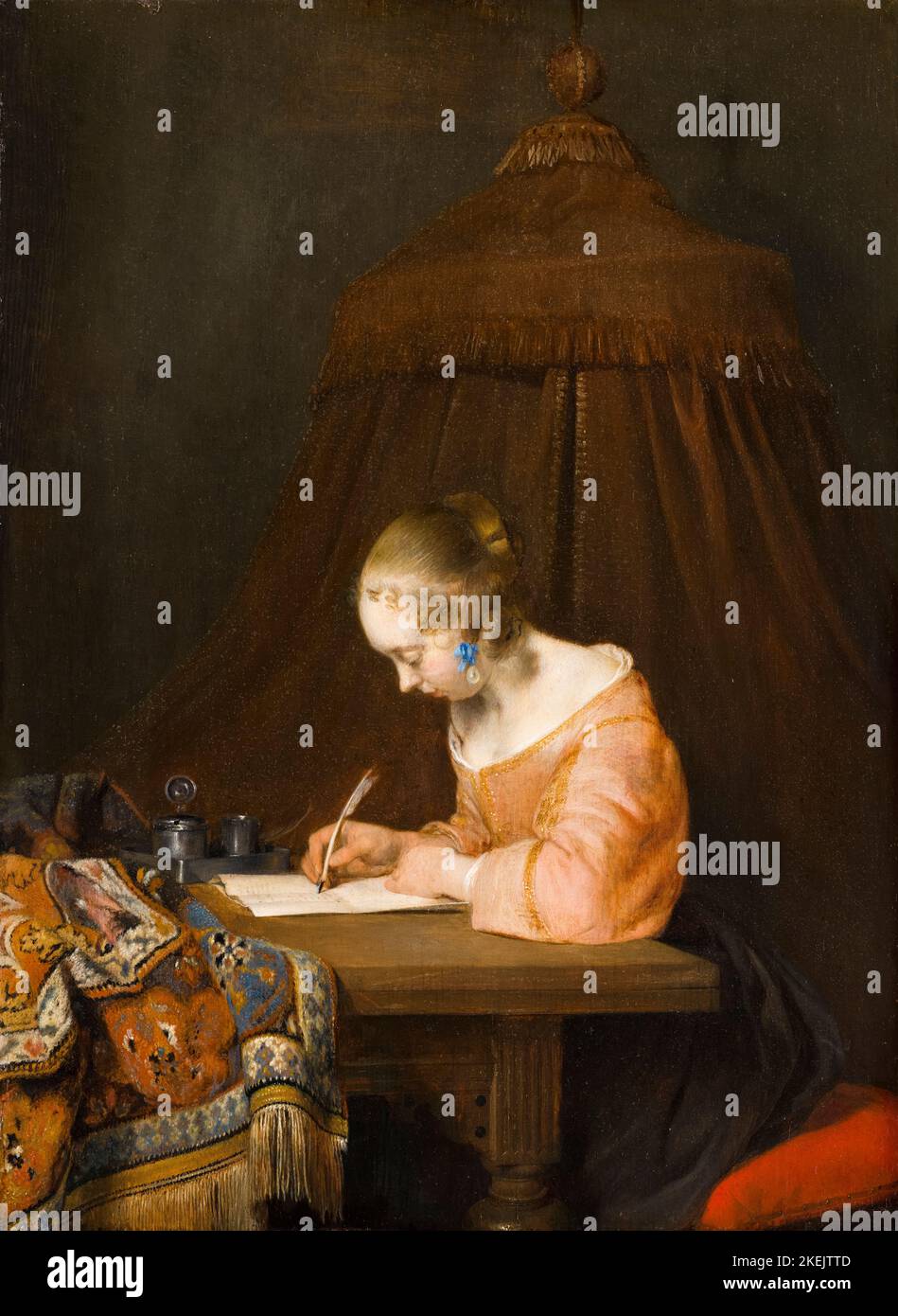 Gerard ter Borch pittura, Donna scrittura di una lettera, olio su pannello, circa 1655 Foto Stock