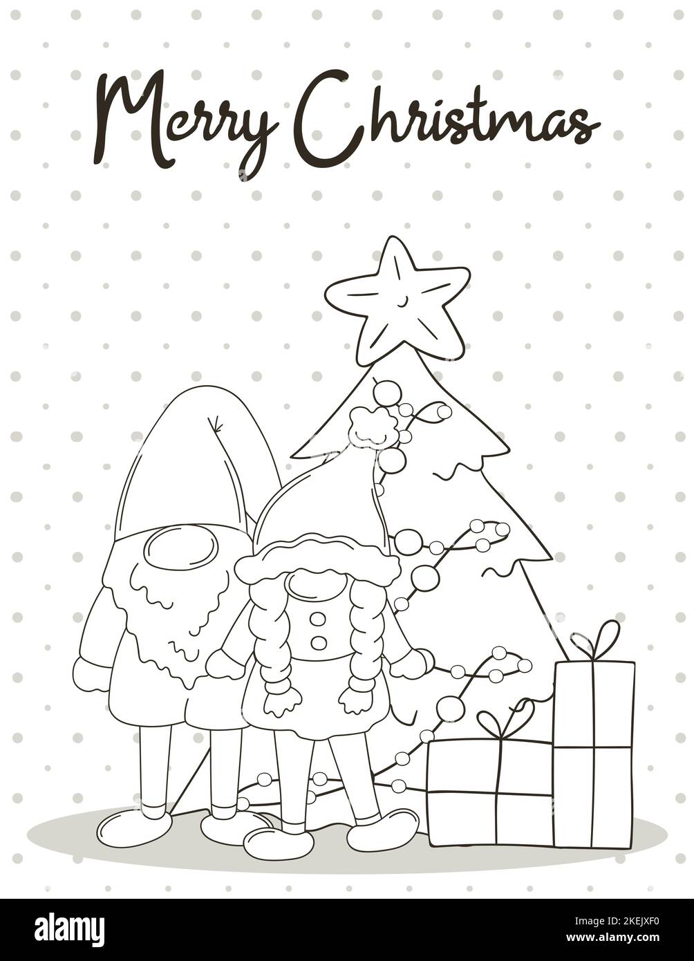 Carta da colorare disegnata a mano. Due gnomi in cappelli di Babbo Natale,  albero di Natale, regali. Carino carta di vacanza, volantino, banner  Immagine e Vettoriale - Alamy