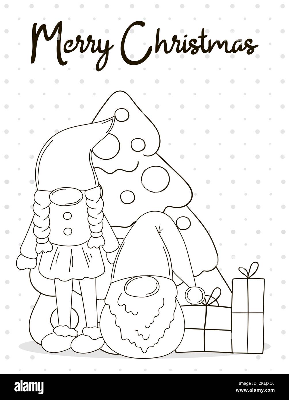 Carta da colorare disegnata a mano. Due gnomi in cappelli di Babbo Natale,  albero di Natale, regali. Carino carta di vacanza, volantino, banner,  invito Immagine e Vettoriale - Alamy