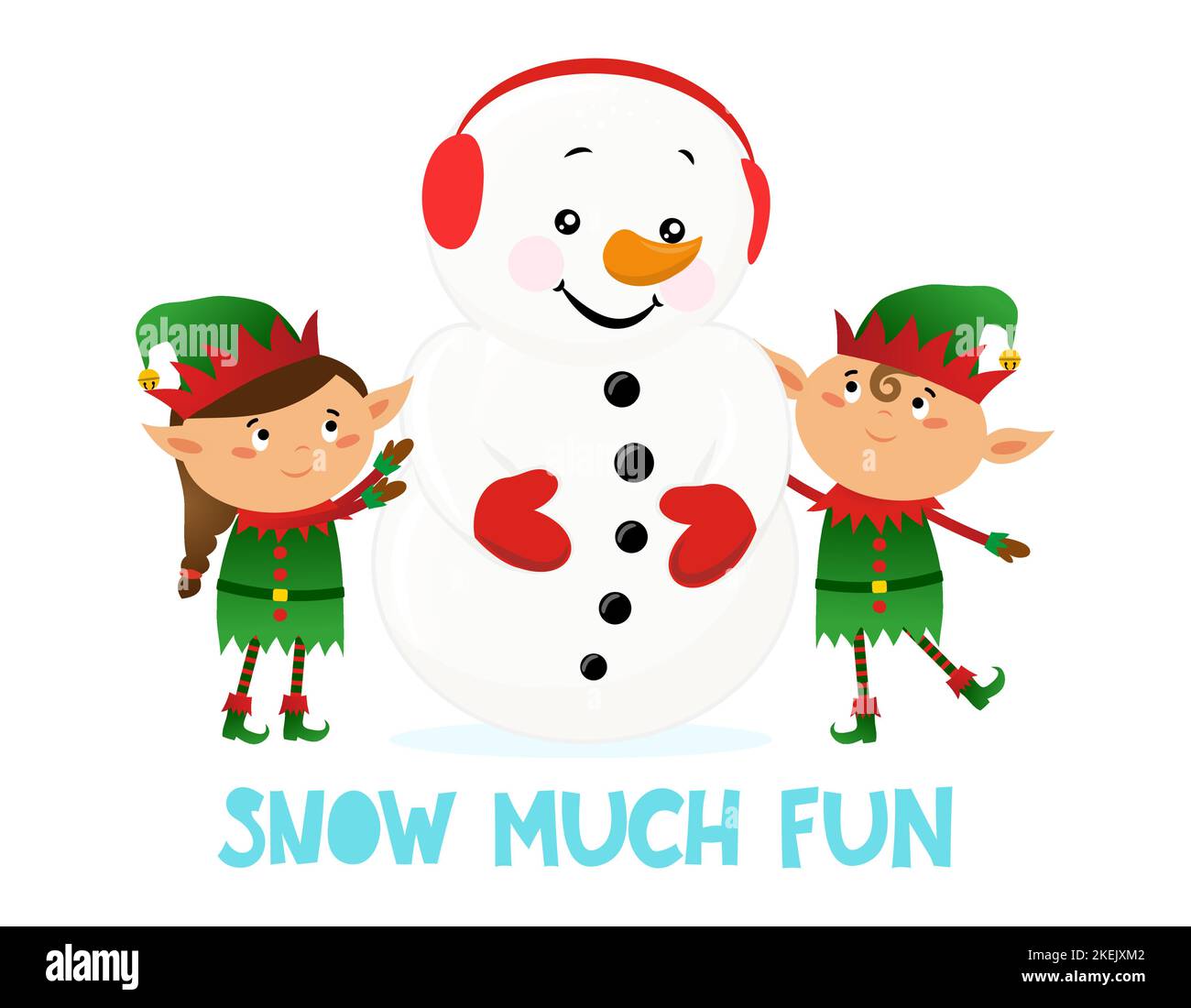 Buon Natale, buon Natale e buon Natale con gli elfi e il pupazzo di neve. Illustrazione del vettore cartoon. Babbo Natale Illustrazione Vettoriale