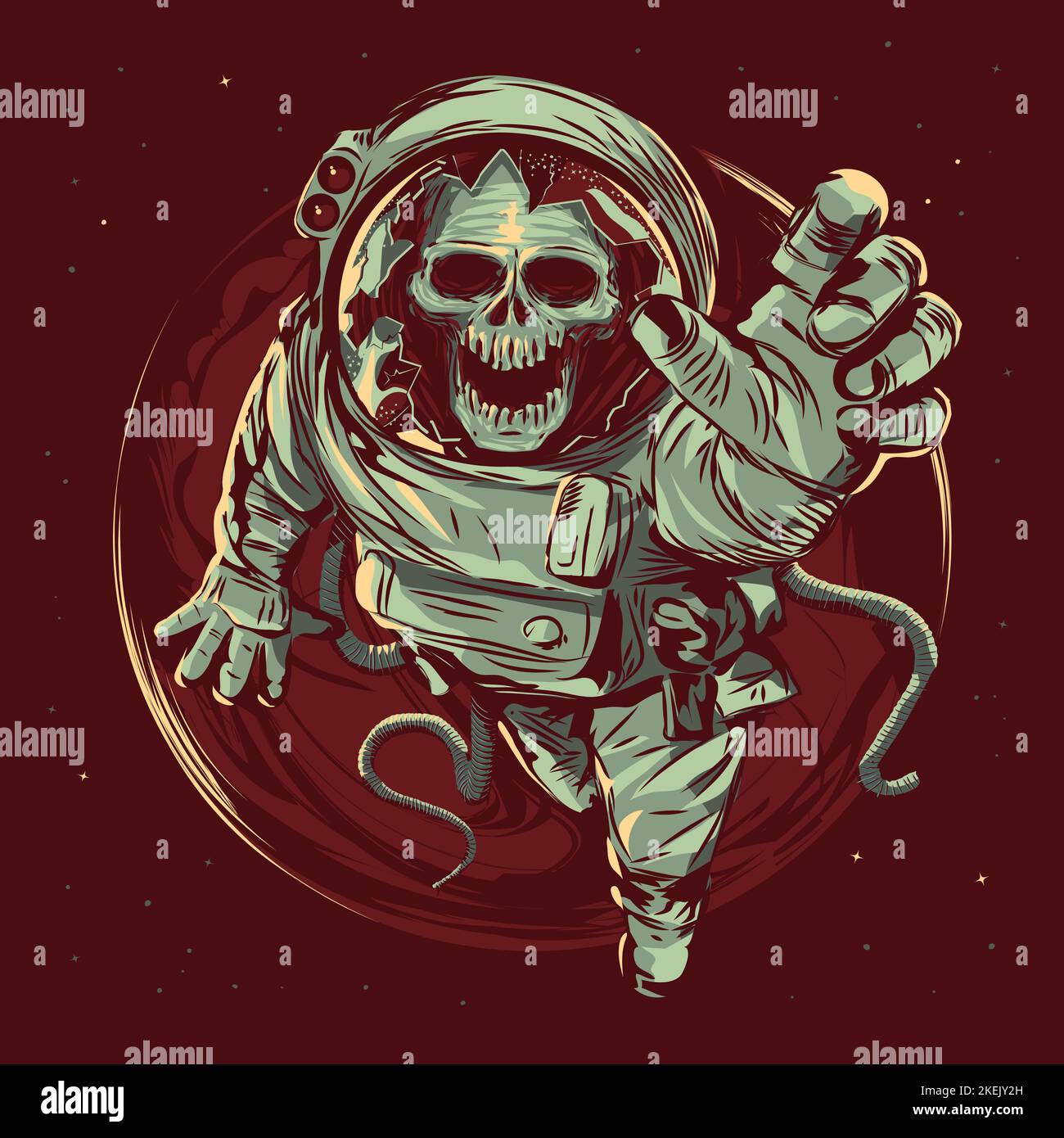 astronauta cranio vintage horror poster perso nello spazio galassia voyager morto astronauta spazio. Illustrazione Vettoriale