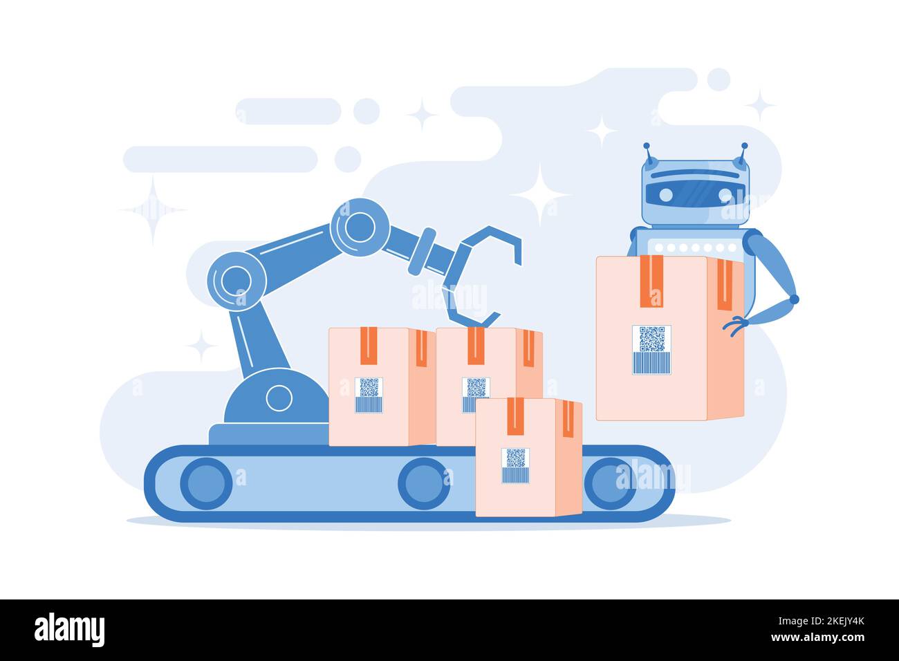 Robot che sostituisce il lavoro umano con scatole su nastro trasportatore e braccio robotizzato. Sostituzione del lavoro, uomo contro robot, concetto di controllo del lavoro robotico. fl Illustrazione Vettoriale