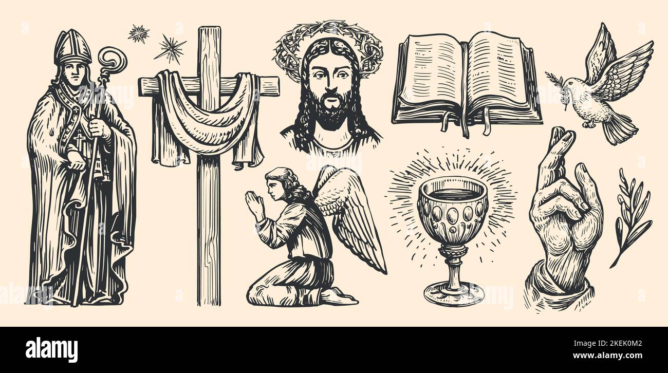 Set di simboli religiosi. Collezione di icone disegnate a mano in stile vintage. Fede in Dio, disegno vettoriale illustrazione Illustrazione Vettoriale
