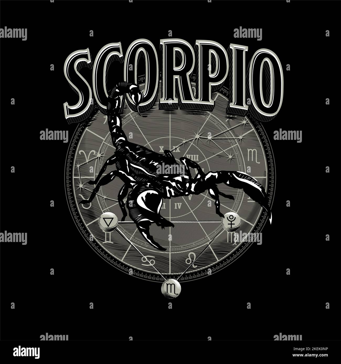 Astrologia simbolo dell'oroscopo dello Scorpione zodiaco in cerchio Illustrazione Vettoriale