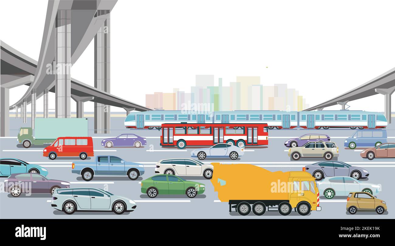 Autostrada con treno espresso, autobus e autovetture, illustrazione Illustrazione Vettoriale