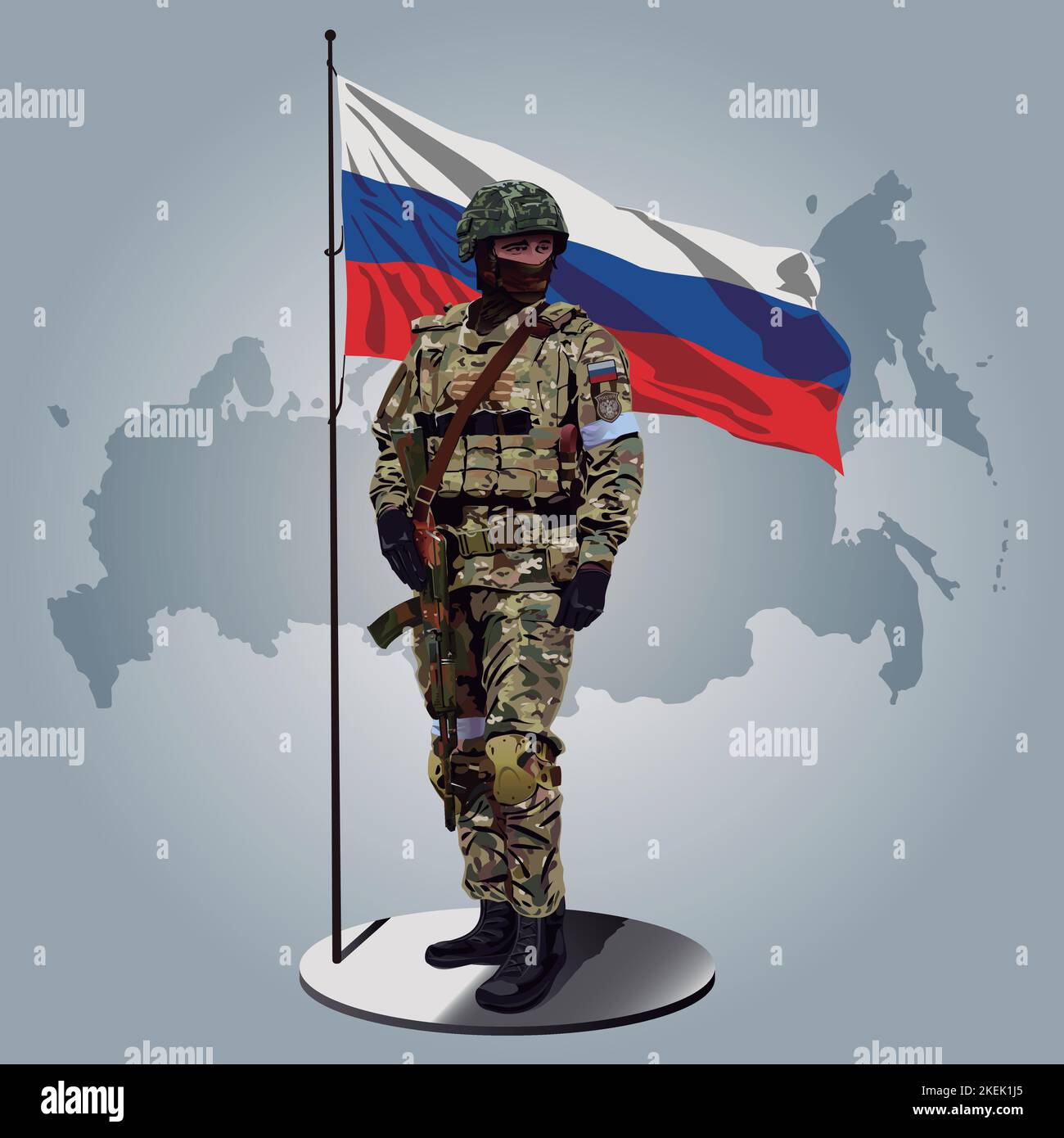 Illustrazione vettoriale di un soldato russo con una bandiera russa e mappa della Russia dietro. Illustrazione Vettoriale