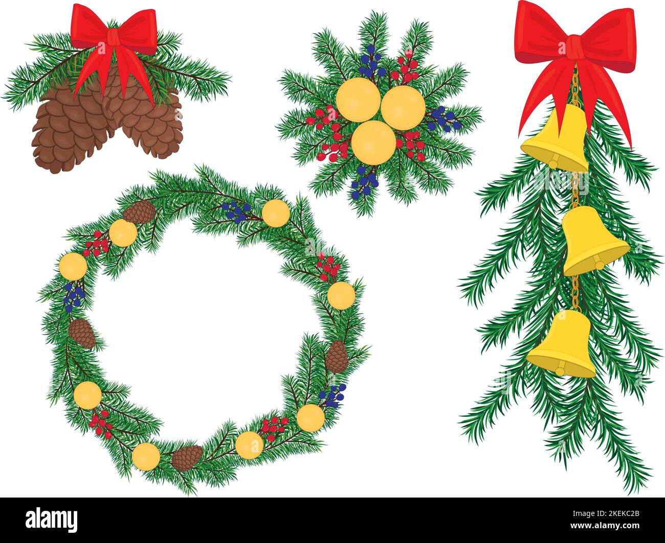 Decorazioni natalizie e di Capodanno con rami di abete, giocattoli e campane vettoriali Illustrazione Vettoriale