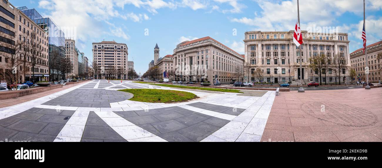 Vista panoramica della piazza Freedom Plaza, Washington DC, capitale degli Stati Uniti Foto Stock
