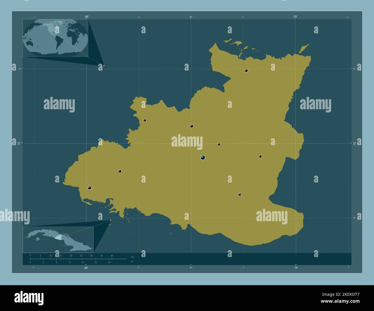 Sancti Spiritus, provincia di Cuba. Forma a tinta unita. Posizioni delle principali città della regione. Mappe delle posizioni ausiliarie degli angoli Foto Stock