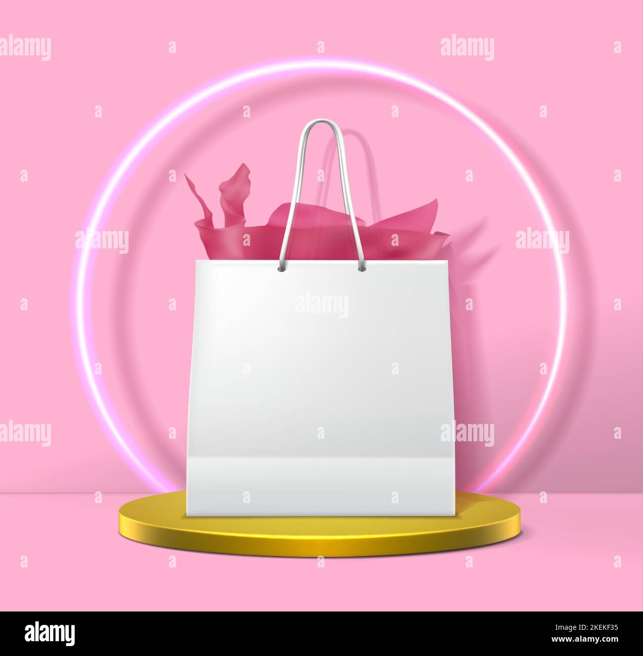 immagine realistica dell'icona vettoriale. Borsa bianca per la spesa su palco rosa pastello e cerchio chiaro al neon sul palco oro. Illustrazione Vettoriale