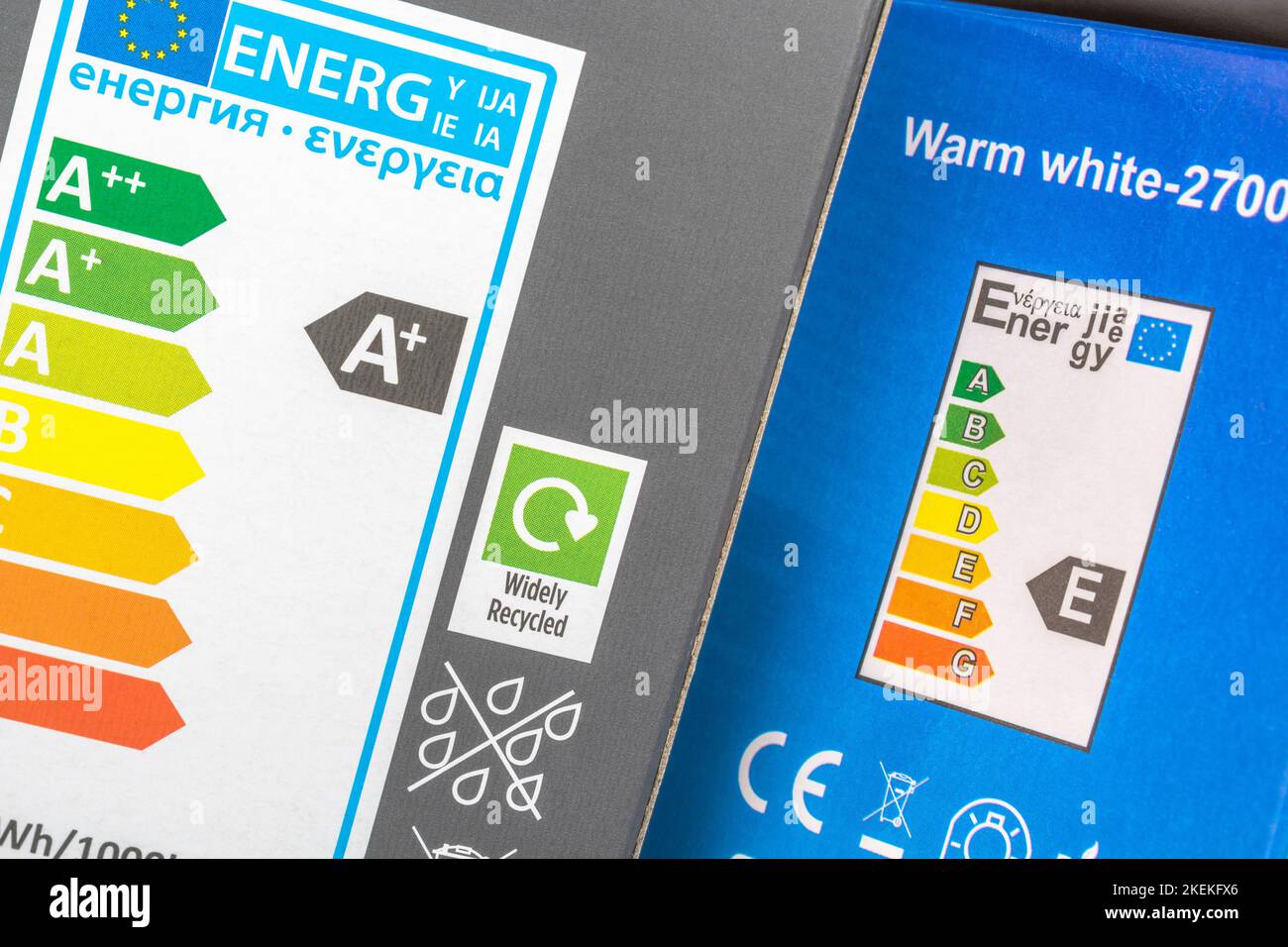 LAMPADINA a risparmio energetico ASDA LED R63 [sinistra] e lampadina a incandescenza al tungsteno tradizionale Polaris [destra] che mostrano il guadagno di efficienza. Foto Stock