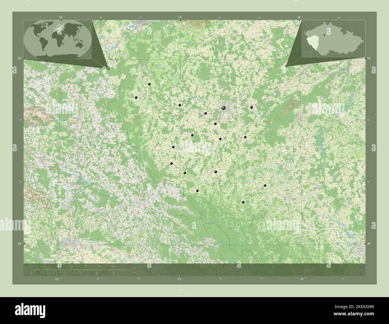 Plzensky, regione della Repubblica Ceca. Aprire la mappa stradale. Posizioni delle principali città della regione. Mappe delle posizioni ausiliarie degli angoli Foto Stock