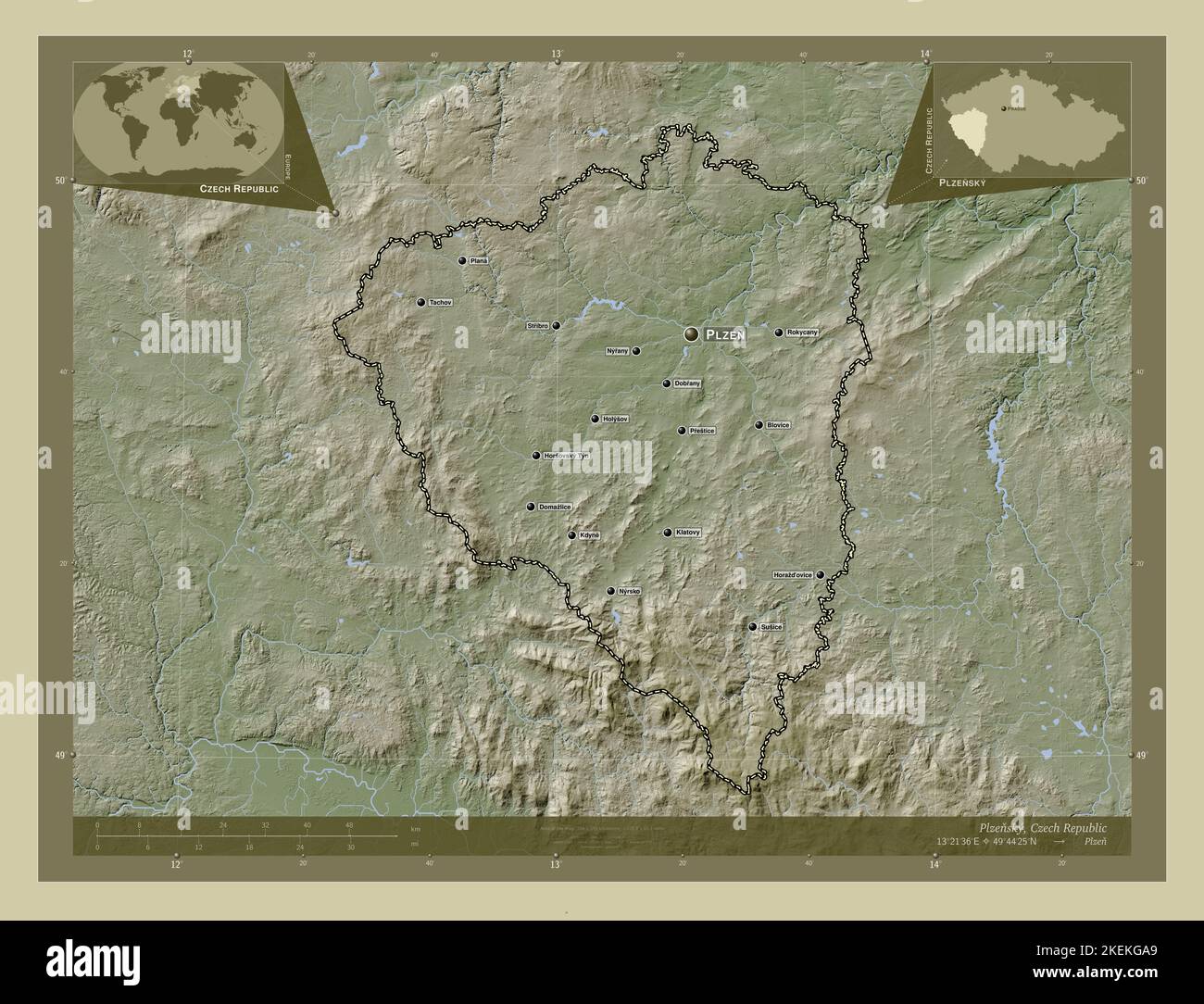 Plzensky, regione della Repubblica Ceca. Mappa dell'altitudine colorata in stile wiki con laghi e fiumi. Località e nomi delle principali città della regione. Mais Foto Stock