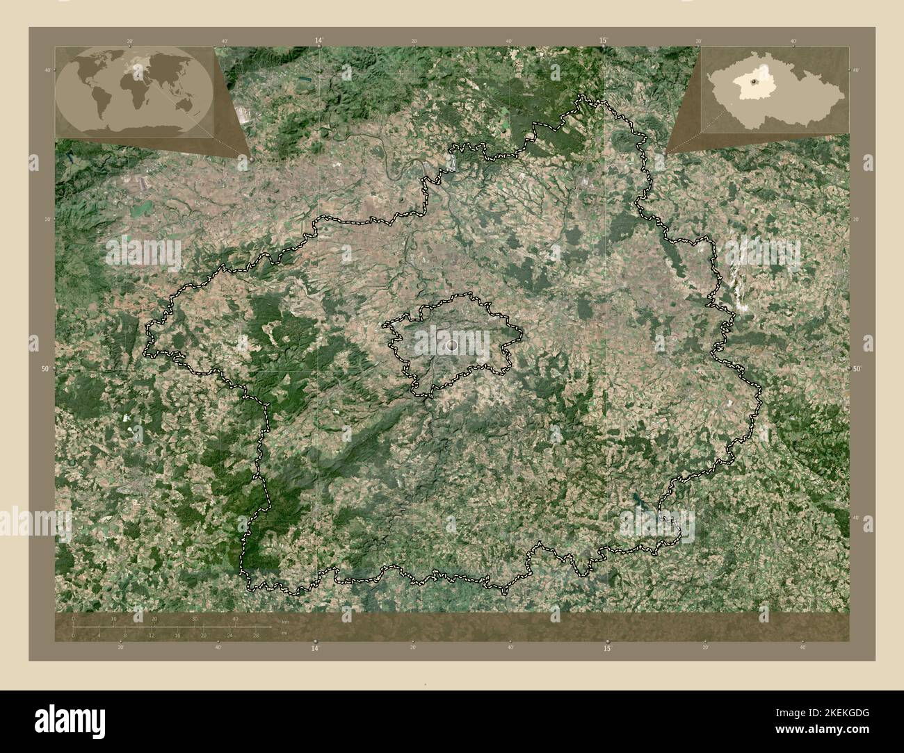 Stredocesky, regione della Repubblica Ceca. Mappa satellitare ad alta risoluzione. Mappe delle posizioni ausiliarie degli angoli Foto Stock