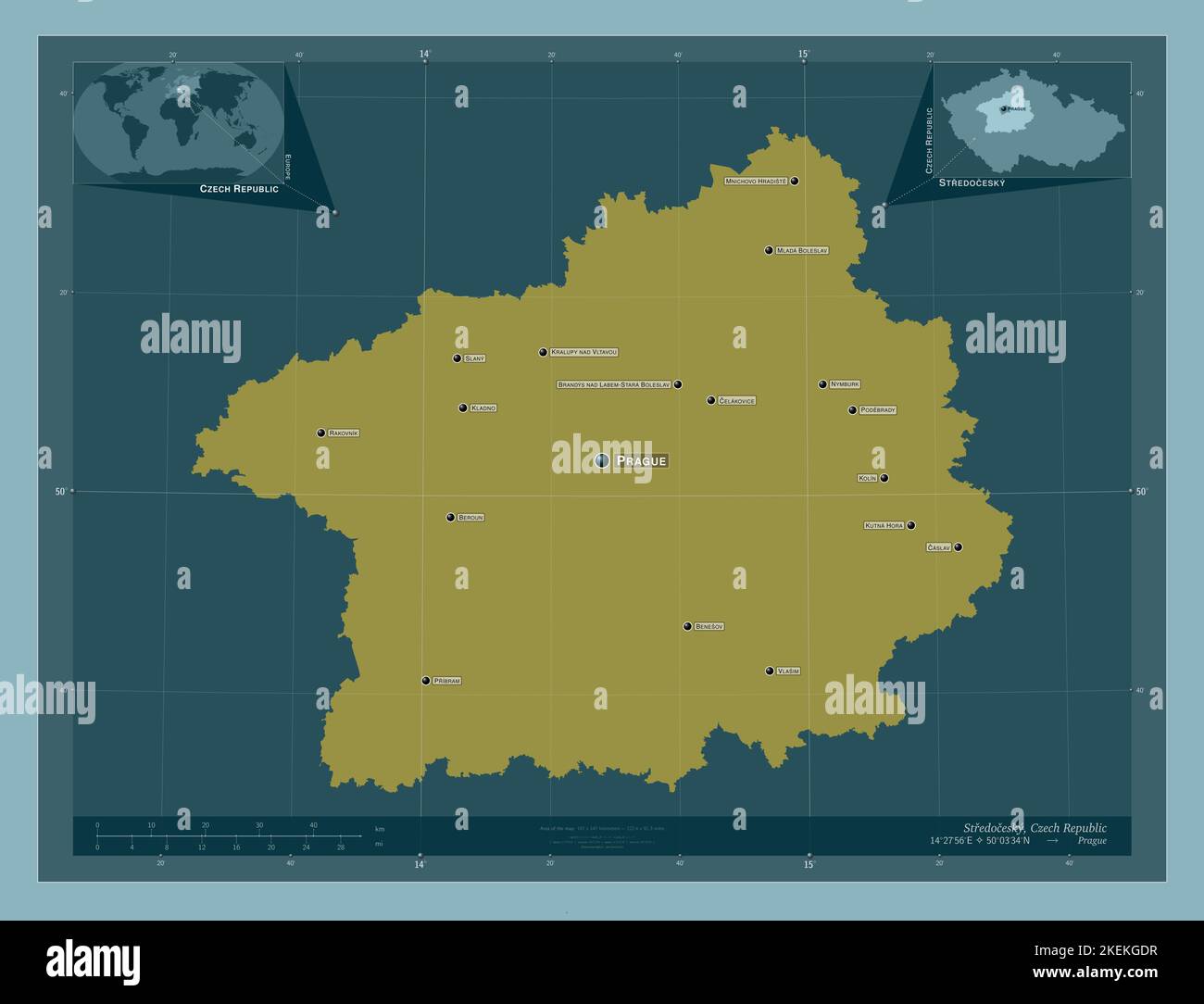 Stredocesky, regione della Repubblica Ceca. Forma a tinta unita. Località e nomi delle principali città della regione. Mappe delle posizioni ausiliarie degli angoli Foto Stock