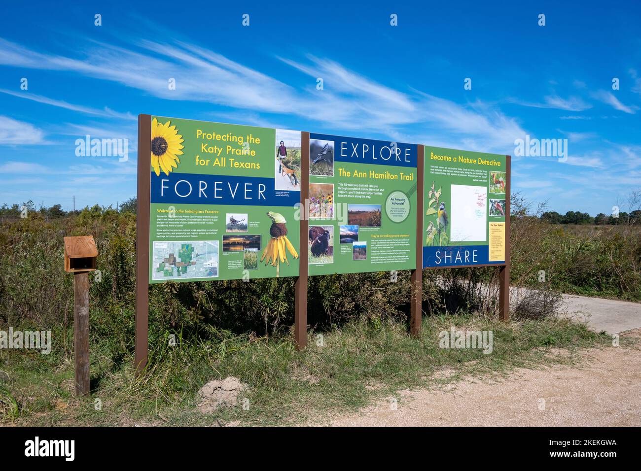 Informazioni bordo a Katy Prairie Conservancy Indiangrass Preserve. Houston, Texas, Stati Uniti. Foto Stock