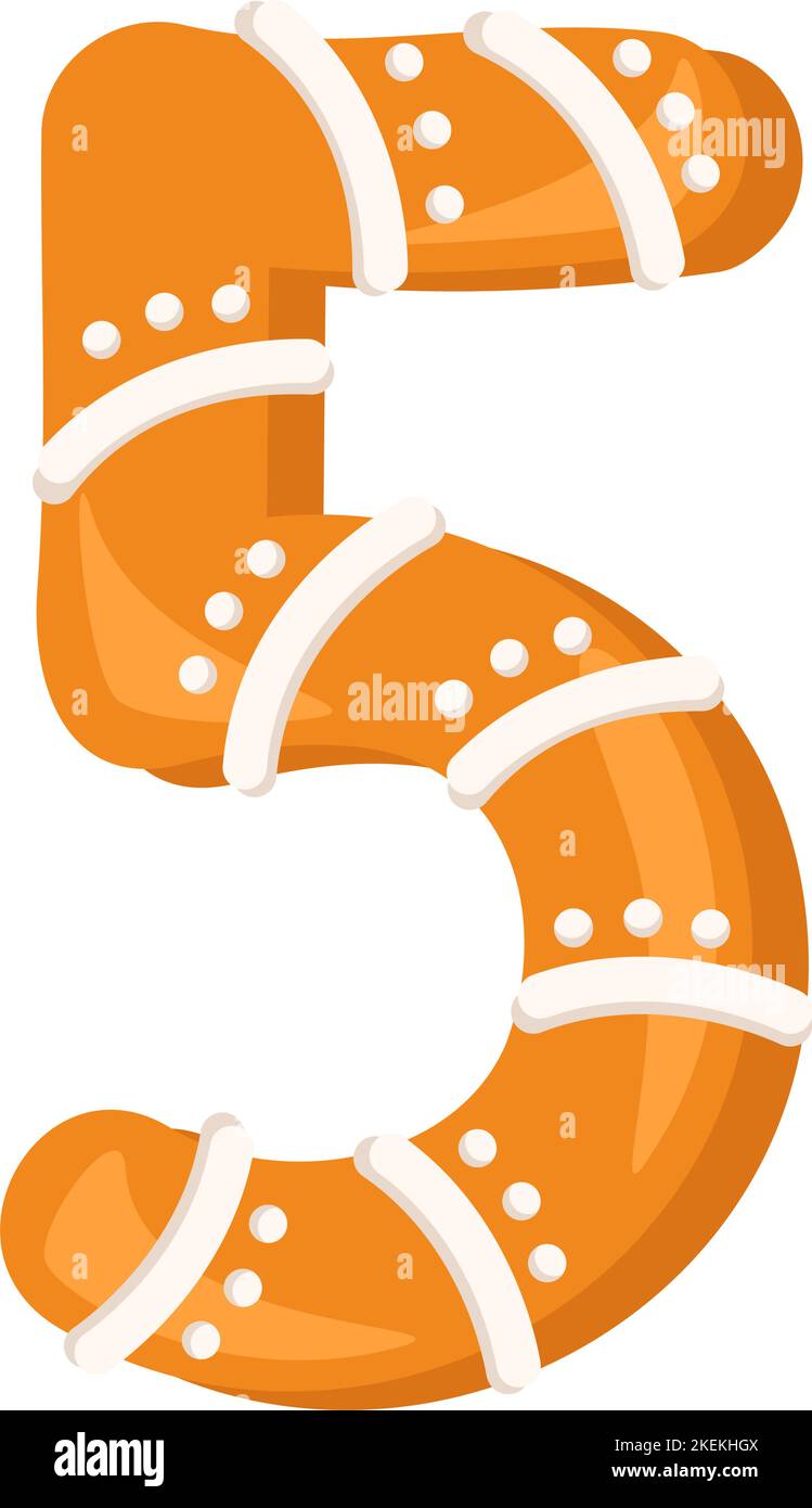 Numero cinque fatto di pan di zenzero glassato. Carattere festivo, simbolo di felice anno nuovo e Natale, segno e numero di forme diverse. Illustrazione piatta vettoriale Illustrazione Vettoriale