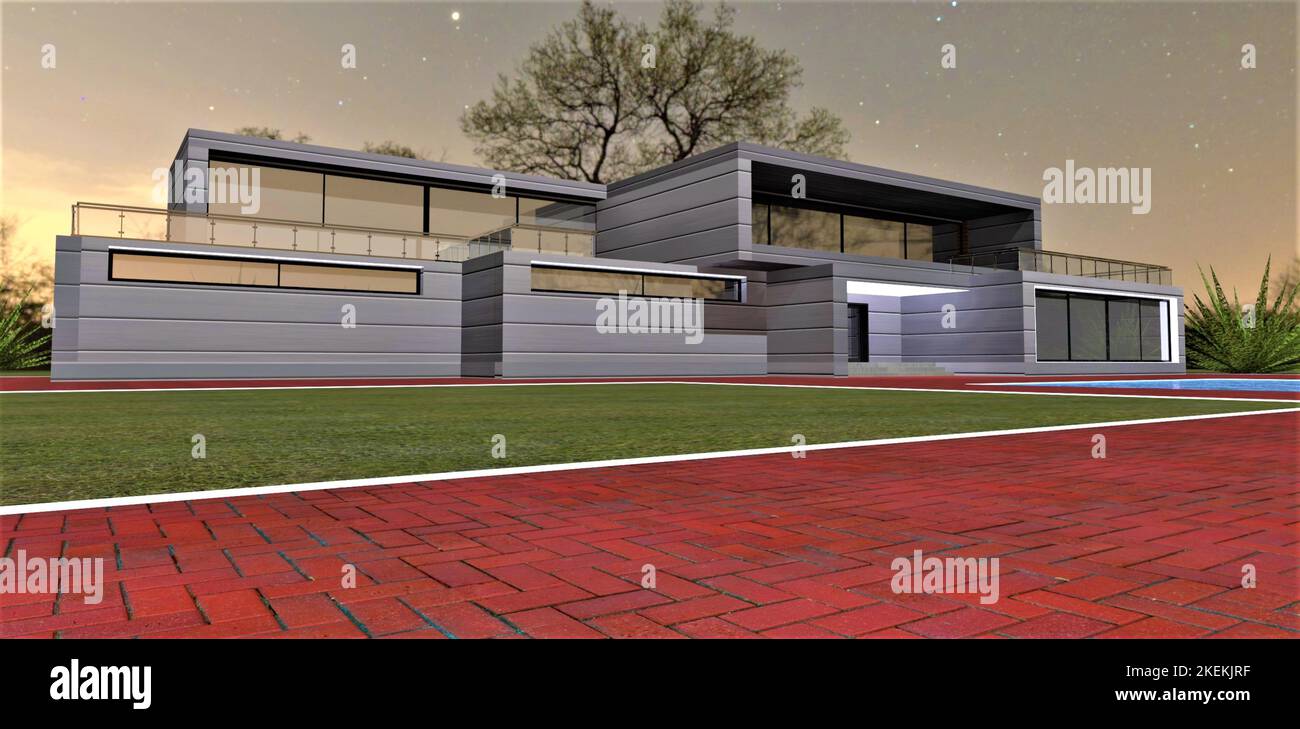 Design di pavimentazione in mattoni rossi con marciapiede illuminato bianco sul prato verde di notte sul territorio di elite hotel di campagna. rendering 3d. Foto Stock