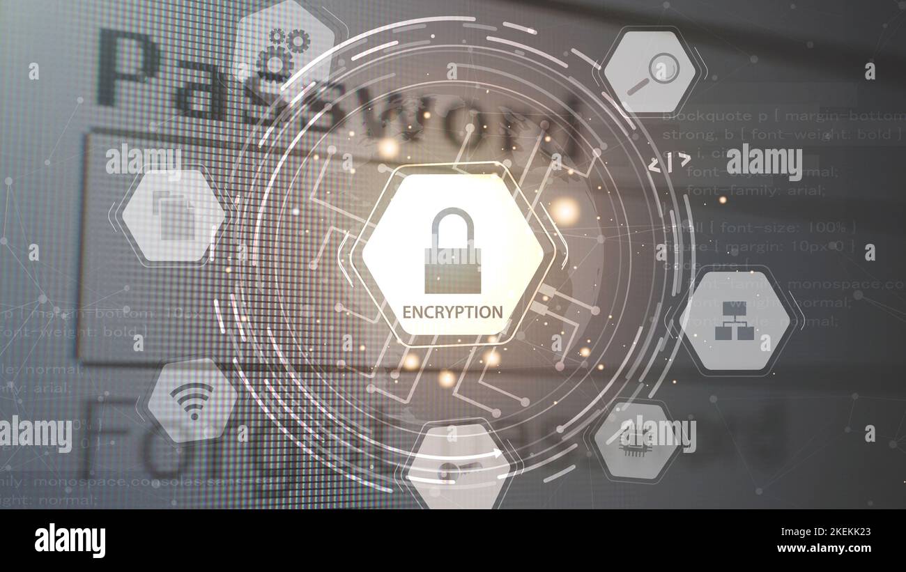 Concetto di crittografia con infografica protetta da password. La rete Internet protegge la difesa antivirus. Tecnologia di protezione dei dati personali Foto Stock