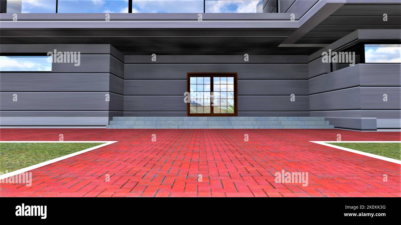 Le pietre di pavimentazione di mattoni rossi osservano contrastingly contro lo sfondo della facciata di alluminio di una casa di campagna avanzata. rendering 3d. Foto Stock