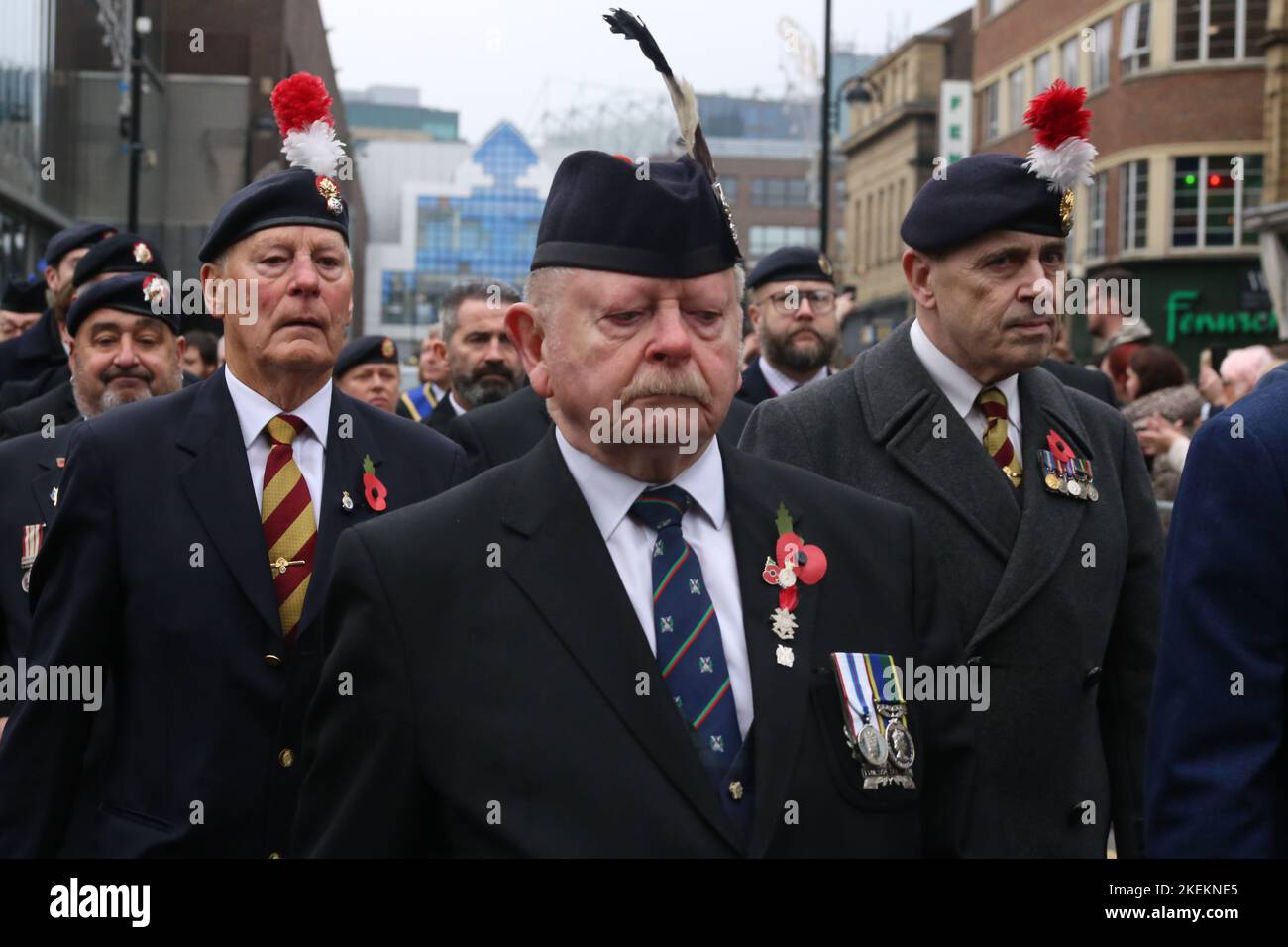 Newcastle upon Tyne, Regno Unito. 13 Novembre 2022. Remembrance Sunday, Veterans, Troules, Band of Royal Regiment Fusiliers prendono parte alla Remembrance Sunday Parade & Wreath Laiing at War Memorial Old Eldon Square, Newcastle upon Tyne, UK, 13th novembre 2022, Credit: Credit: DEW/Alamy Live News Credit: DEW/Alamy Live News Foto Stock