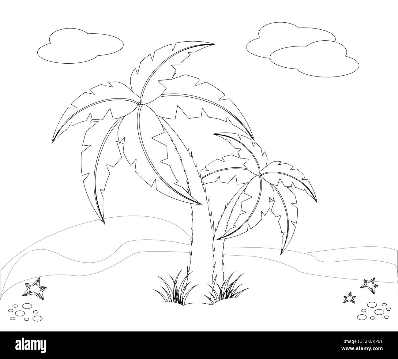 Cartoon bianco e nero Illustrazione di Desert Island con palme da cocco per bambini Libro da colorare. Illustrazione Vettoriale