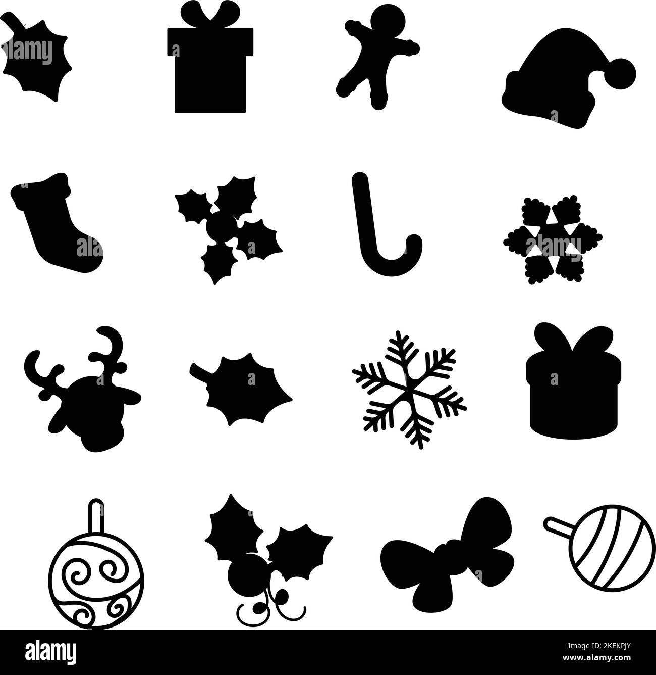 Un'illustrazione vettoriale delle decorazioni natalizie, dei regali, dei fiocchi di neve in varie forme su sfondo bianco Illustrazione Vettoriale