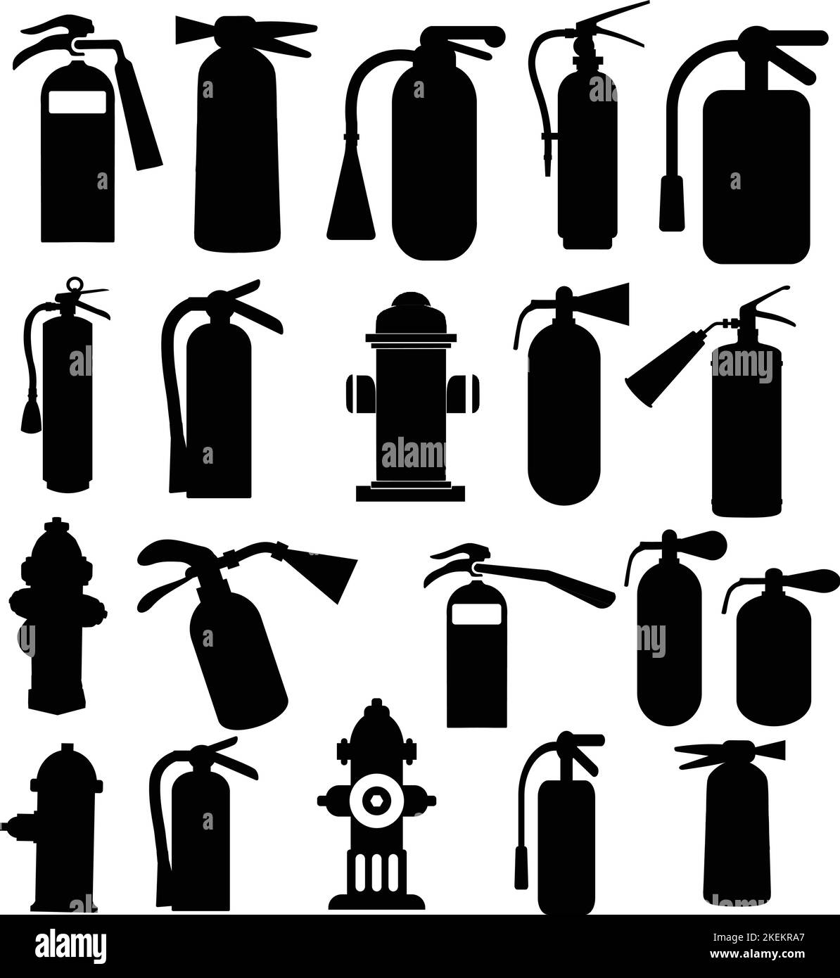 Un set modificabile di silhouette illustrate di estintori su sfondo bianco Illustrazione Vettoriale