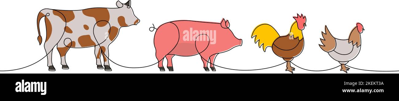 Gli animali da fattoria hanno impostato un disegno continuo colorato a una linea. Silhouette di maiale, mucca, pollo, gallo. Animali da fattoria continua una linea illustrazione colorata. Illustrazione Vettoriale