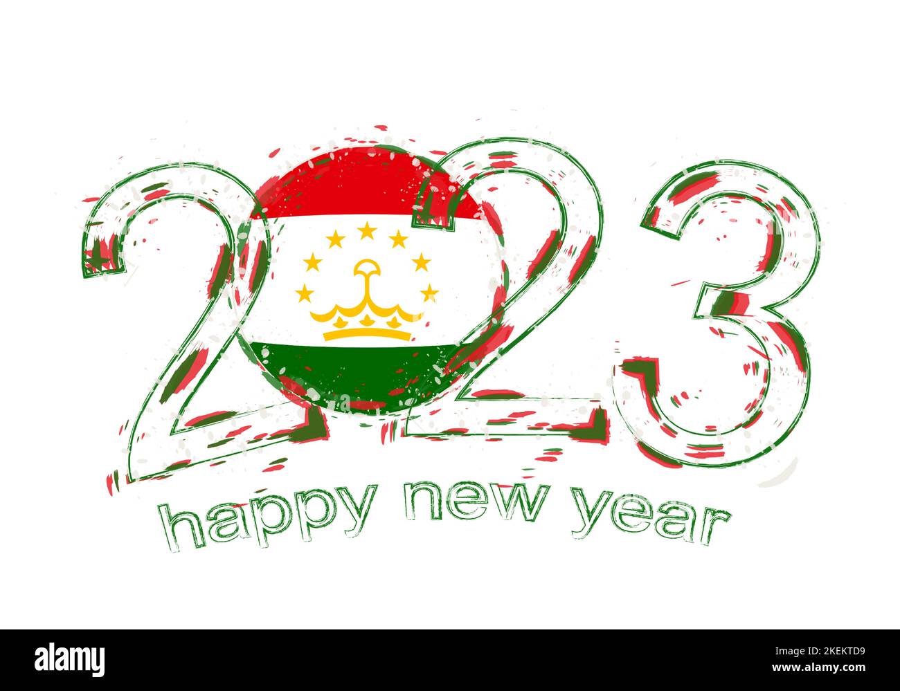2023 anno in stile grunge con bandiera del Tagikistan. Illustrazione del vettore grunge festivo. Illustrazione Vettoriale