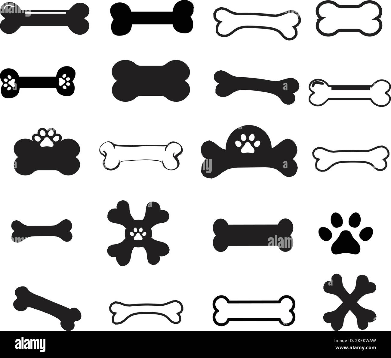 Un set modificabile di silhouette raffigurati di ossa di cane su sfondo bianco, un concetto di giocattolo per cane Illustrazione Vettoriale