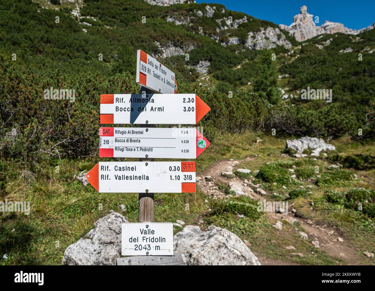 Sentieri escursionistici segni in legno in montagna . Gruppo Brenta, Parco Adamello Brenta - Madonna di Campiglio - Trentino Alto Adige - Italia settentrionale Foto Stock
