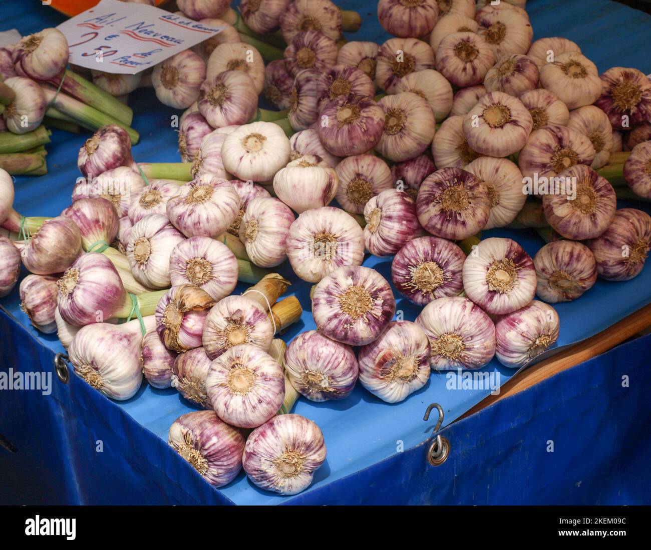 Aglio in uno stand mercato nella città mediale di Sarlat, Francia Foto Stock