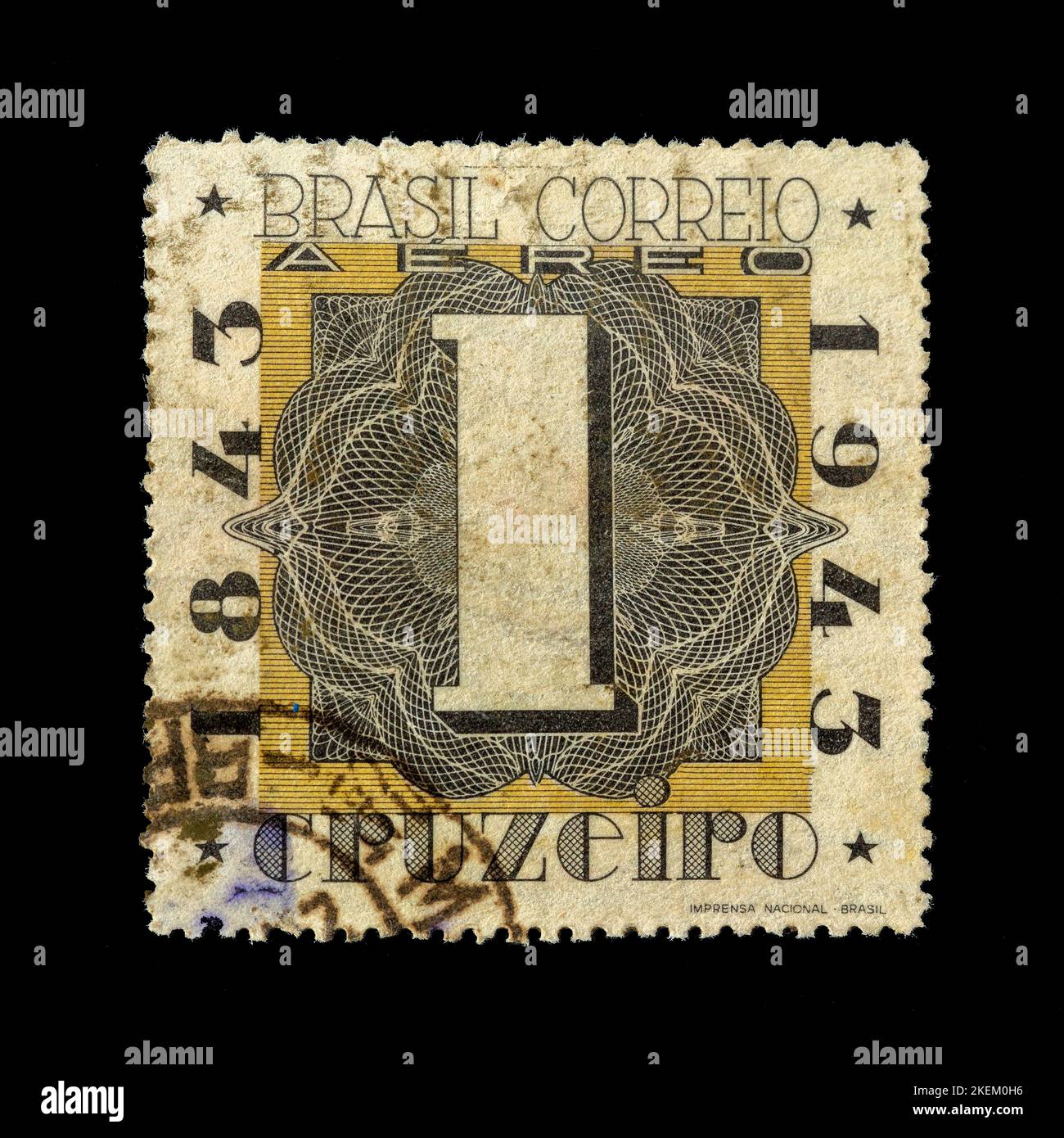 Vintage francobollo annullato dal Brasile circa 1943. Commemorativi 100 anni del servizio postale. Valore nominale 1 Cruzeiro Foto Stock