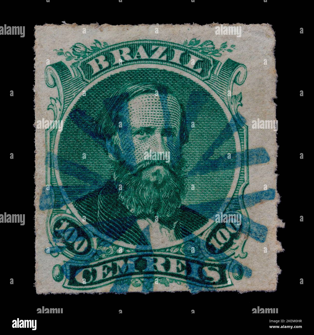 Vintage francobollo annullato dal Brasile circa 1866. Ritratto dell'imperatore Dom Pedro con un valore nominale di 100 CEM Reis. Ottimo postmark. Foto Stock