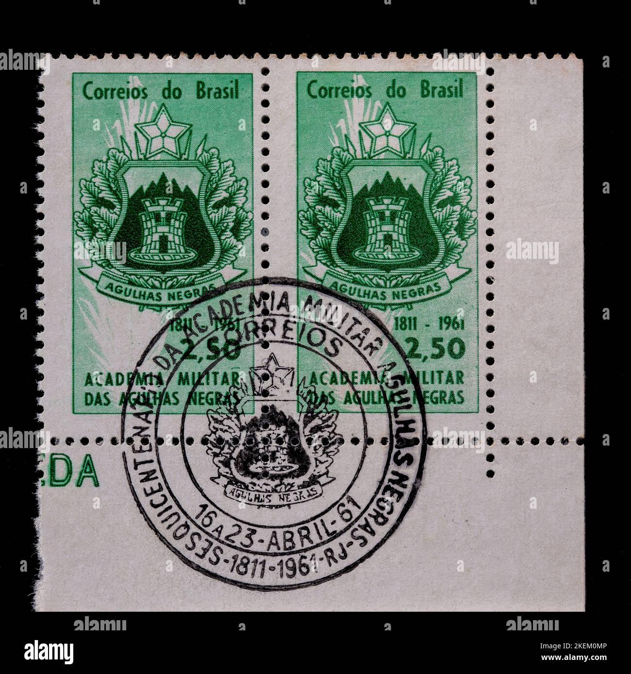 Vintage francobollo annullato dal Brasile circa 1961. Celebra il 150th° anniversario dell'Accademia militare Agulhas Negras 1811 - 1961. Foto Stock