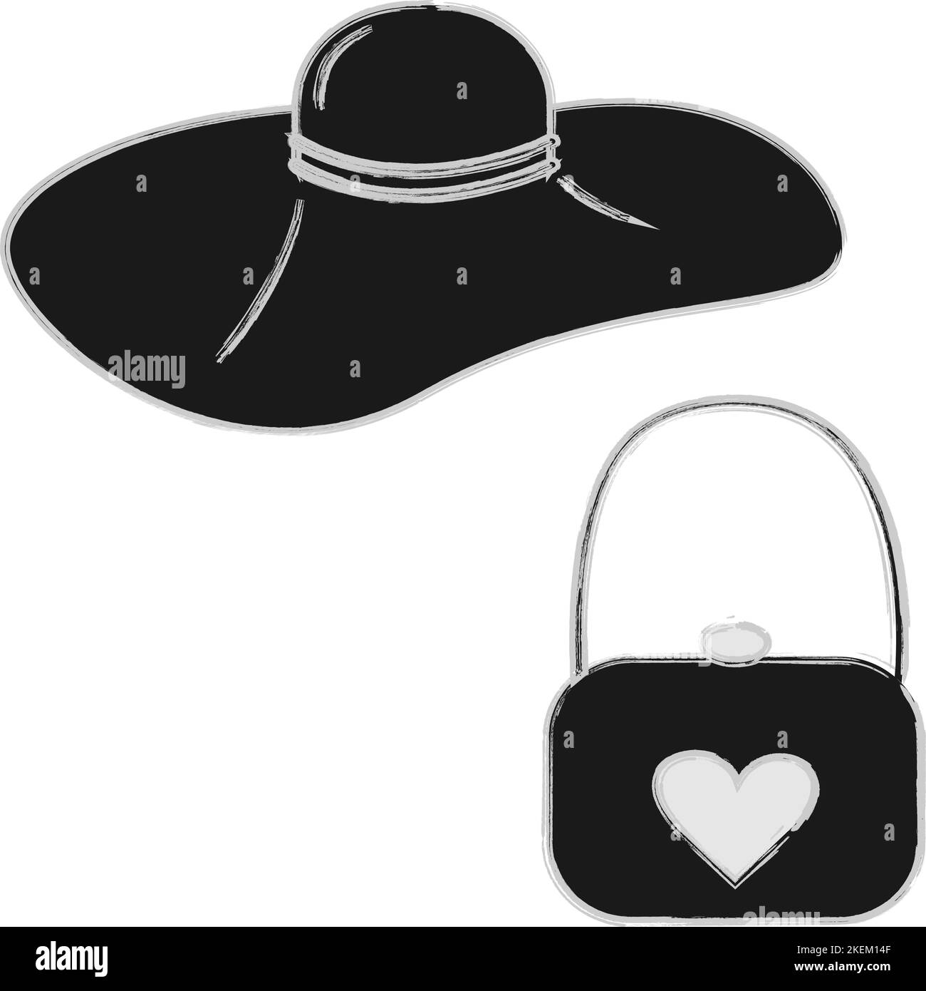 Un set di un cappello da donna stilizzato con brime larghe e una borsa con un cuore dipinto in tonalità di grigio alla moda e spazzolata. Isolare. Adesivo. Adatto per motivi, carta da imballaggio, poster, biglietti, etichette o striscioni Illustrazione Vettoriale