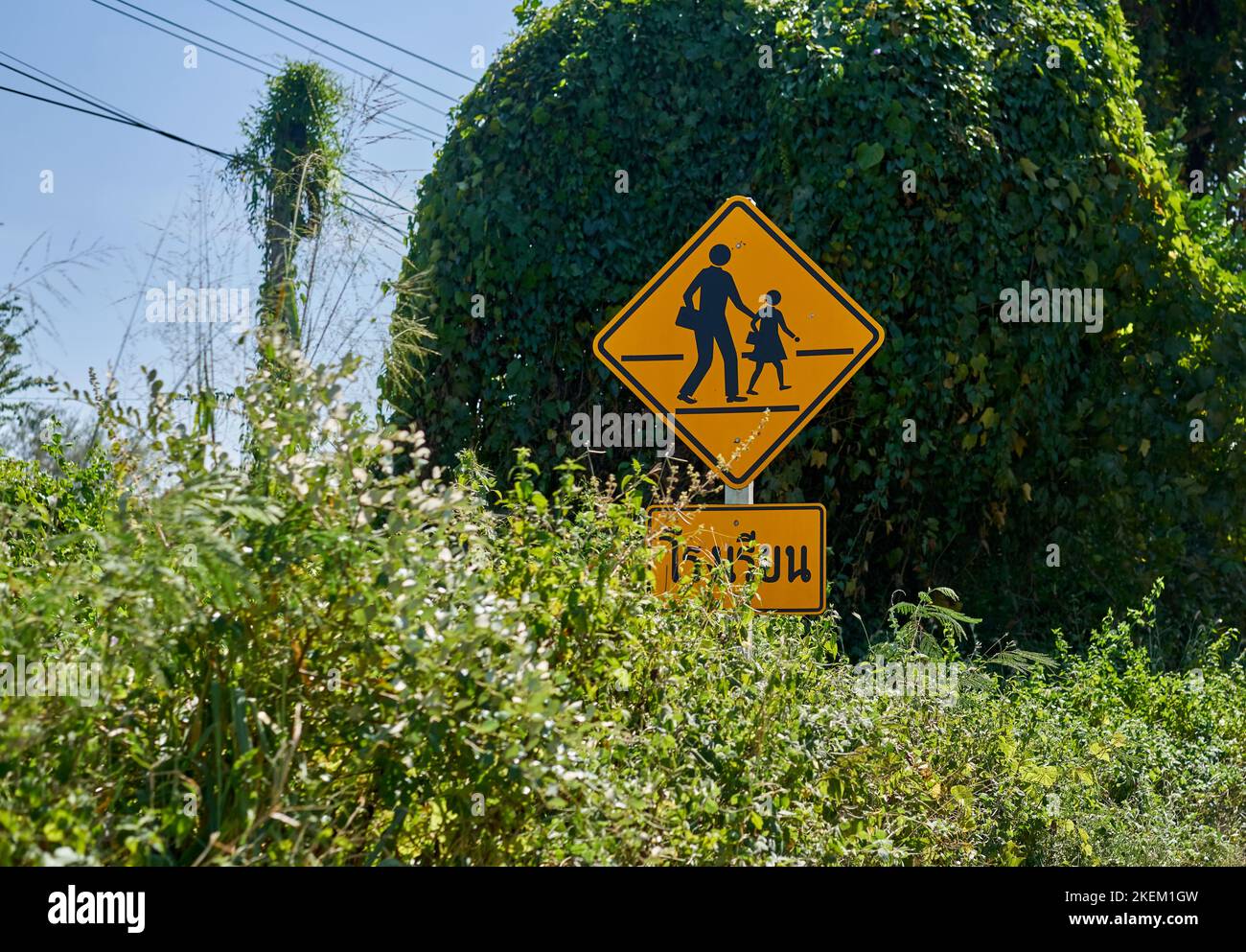 Un cartello stradale sovrastante che mostra l'attraversamento dei bambini. Foto Stock