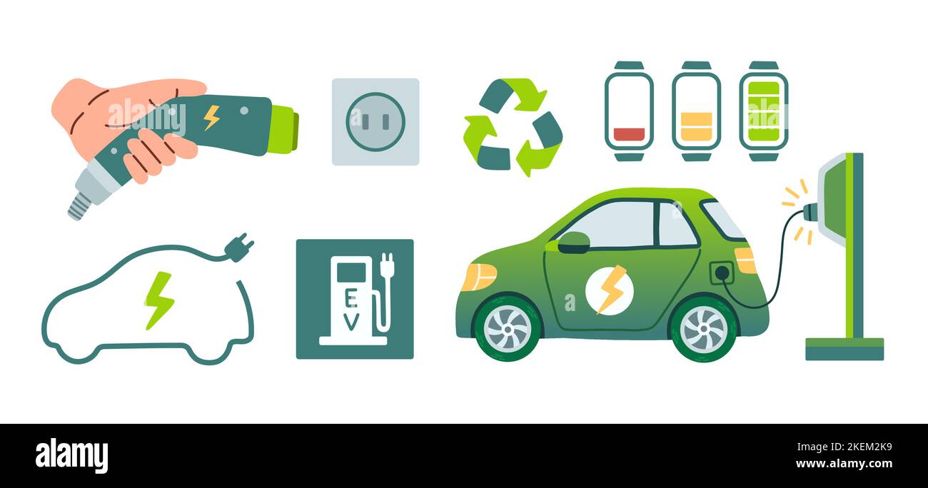 Moderno parcheggio elettrico intelligente per auto suv presso la stazione di ricarica con un cavo di collegamento. Concetto di vettore piatto isolato Illustrazione Vettoriale