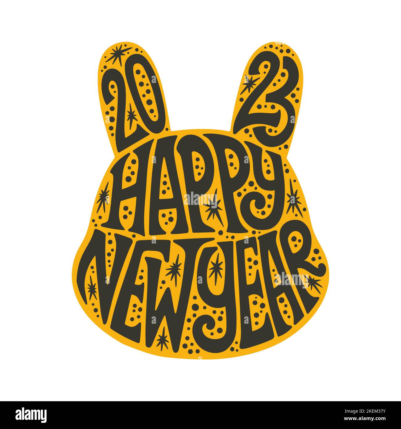 Felice anno nuovo 2023 scritta in silhouette coniglietto, lettere in nero e oro in coniglio simbolo dell'anno vettore isolato Illustrazione Vettoriale