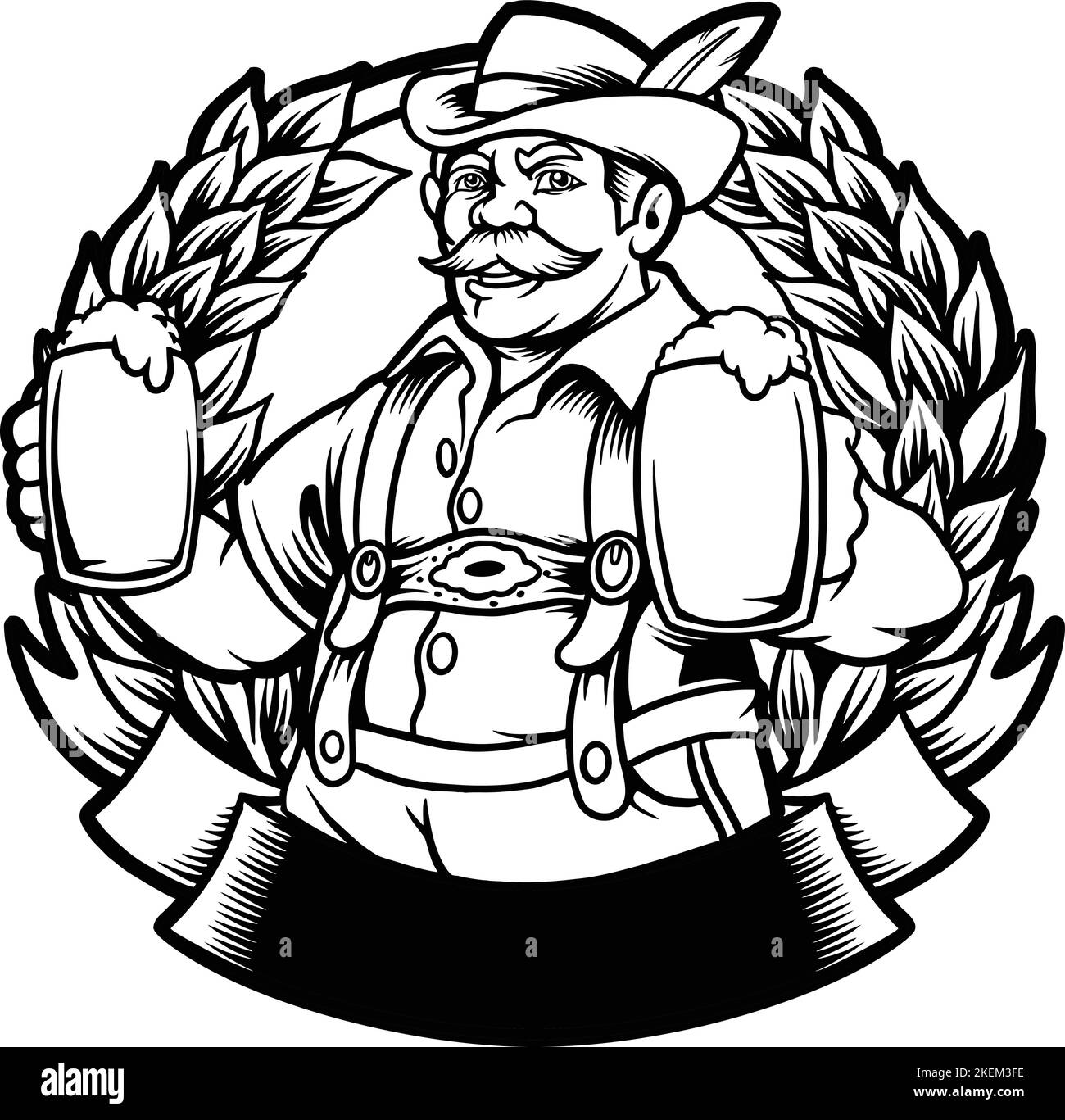 Old Beer Man monocromatico con illustrazioni vettoriali in vetro per la birra per il tuo logo di lavoro, maglietta di merchandising, adesivi e disegni di etichette, poster Illustrazione Vettoriale
