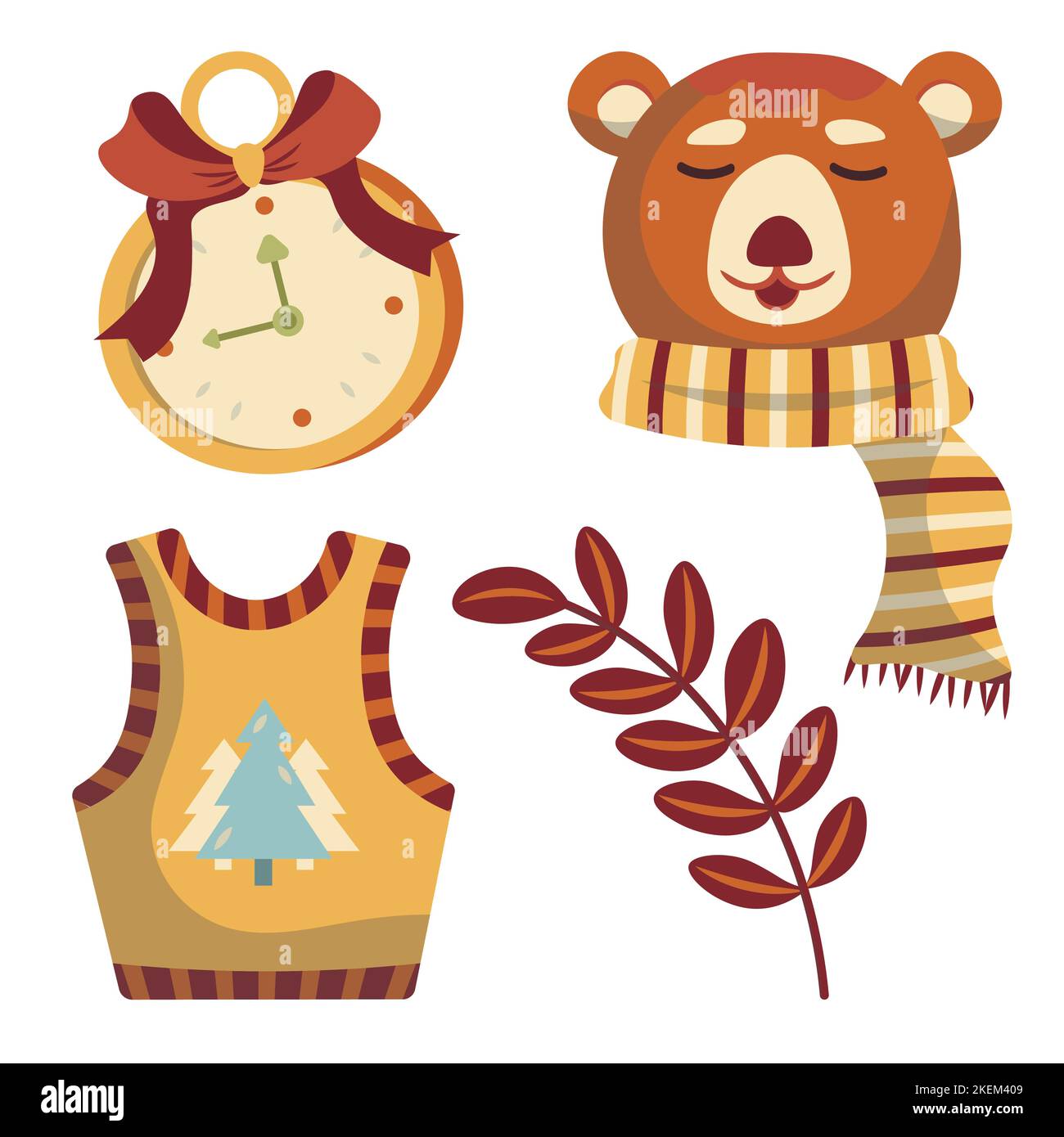 vettore set di orso carino con sciarpa vacanza gilet con alberi di abete nuovo anno di natale Illustrazione Vettoriale