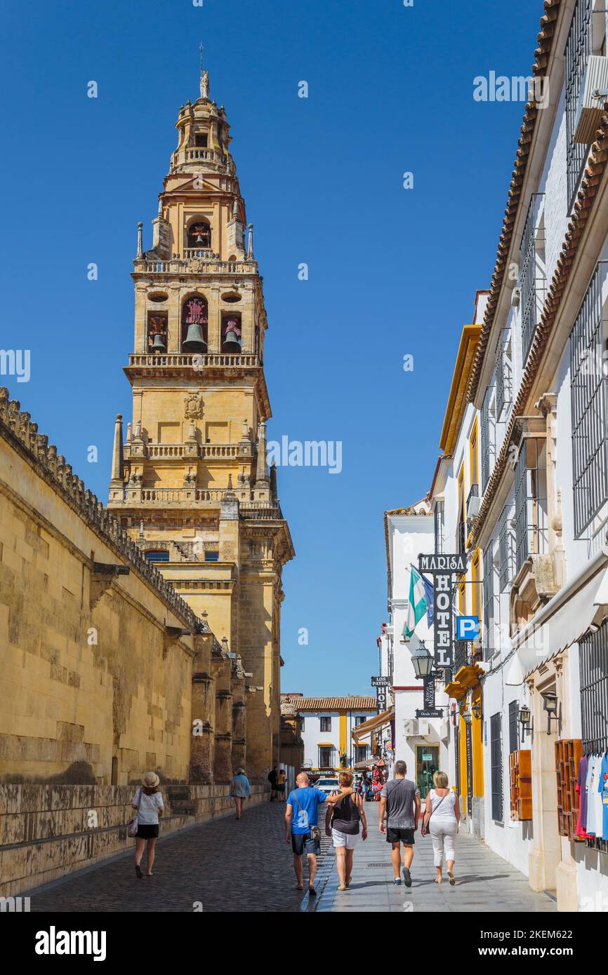 Cordoba, Provincia di Cordoba, Andalusia, Spagna. Alminar torre di la Mezquita, la Grande Moschea, visto lungo Calle Cardenal Herrero. Il centro storico Foto Stock