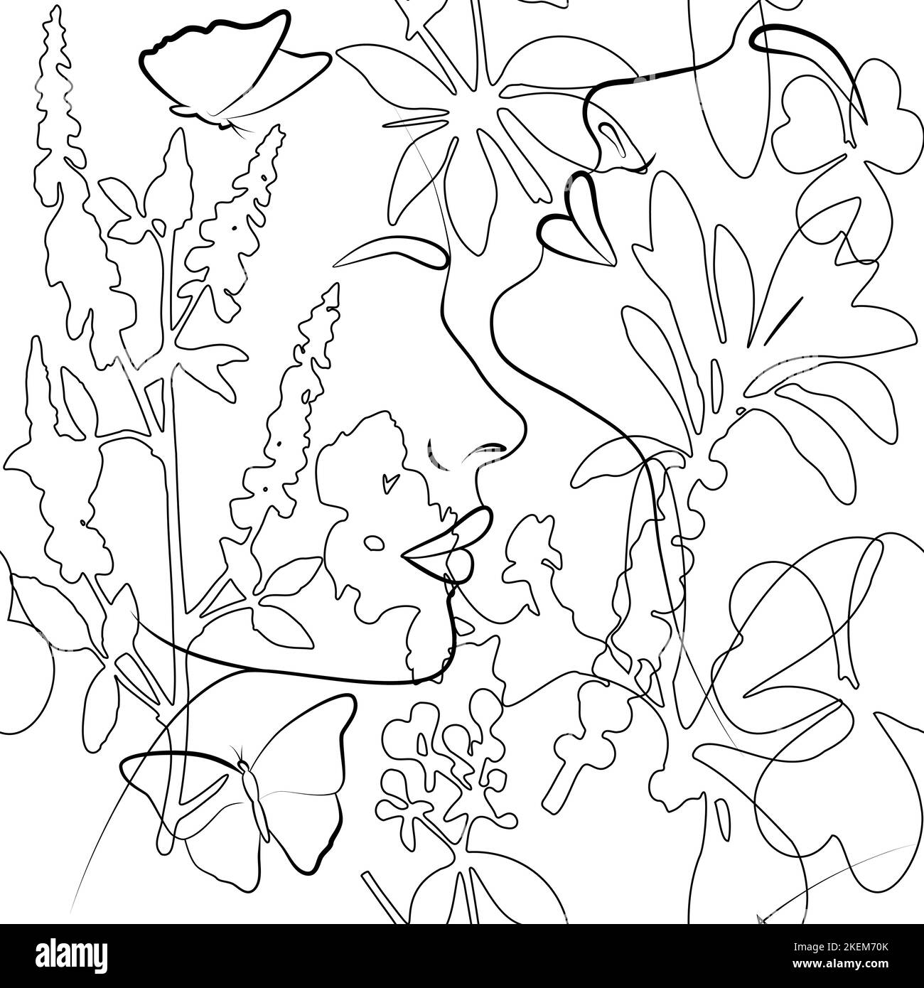 Un disegno a linea continua con una faccia femminile, lascia. Ripetizione continua vettoriale. Illustrazione Vettoriale