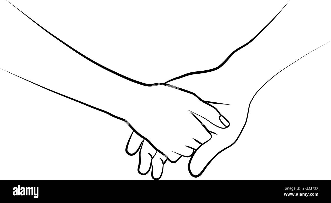 Un paio di mani in un disegno lineare. Disegno lineare continuo delle mani. Due mani si tengono l'una con l'altra. Tatuaggio. Illustrazione Vettoriale