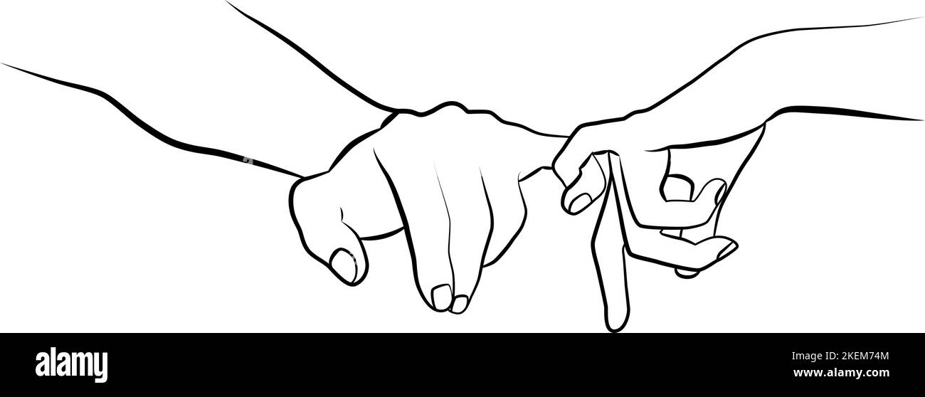 Un paio di mani in un disegno lineare. Disegno lineare continuo delle mani. Due mani si tengono l'una con l'altra. Tatuaggio. Illustrazione Vettoriale